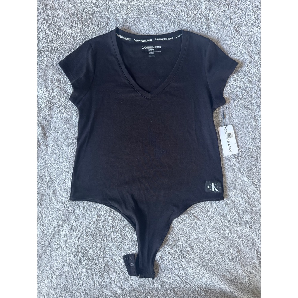 Calvin Klein Jeans Womens Black V-Neck Short Sleeve Logo Bodysuit XL NWT